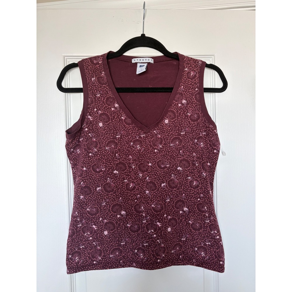 Vintage Gap Y2K Burgundy Floral V-Neck Stretch Tank Top Maroon Medium